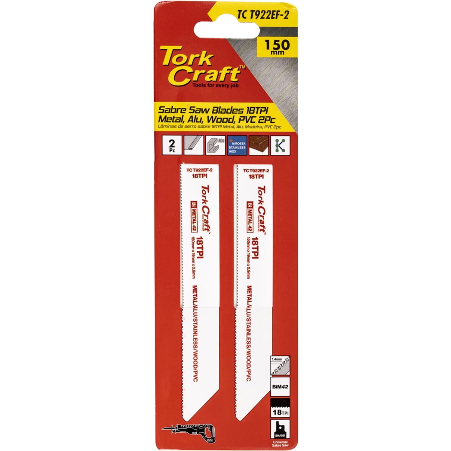 Sabre Saw Blade 150 X 1.4mm 18tpi Metal, Pvc 2pc